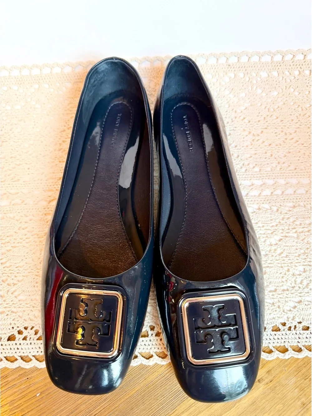 Tory Burch Navy Blue Patent Leather Logo Ballet Flats Women’s Size 10M